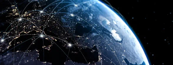 Globe with connected points representing international development networks.