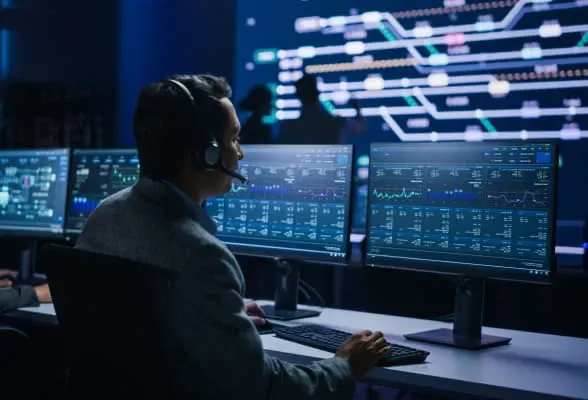 Trader working on multiple screens, representing StoneX Pro's API connectivity and access to institutional FX liquidity and multi-asset products.