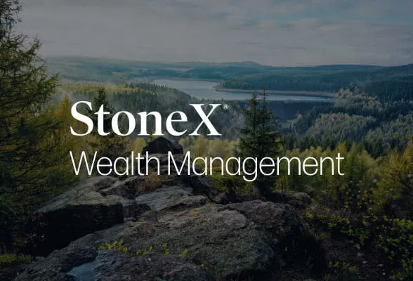 StoneX Wealth Management logo over a scenic landscape, symbolizing commitment to unbiased wealth management services and client-focused financial support
