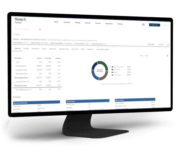 StoneX Advisor platform displayed on a screen, highlighting practice management tools, web solutions, and resources for financial advisors